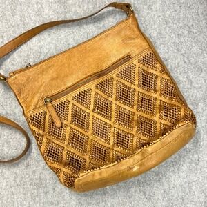 Vilenca Holland Tan Leather Crossbody Bag Woven Laser Cut Diamond Boho Medium